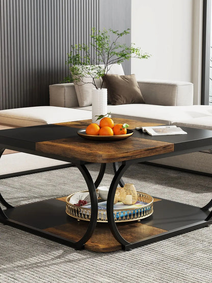 Farmhouse Coffee Table with Wood Storage Shelf