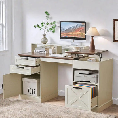 Farmhouse Home Office Desk with File Drawer & Lift Top
