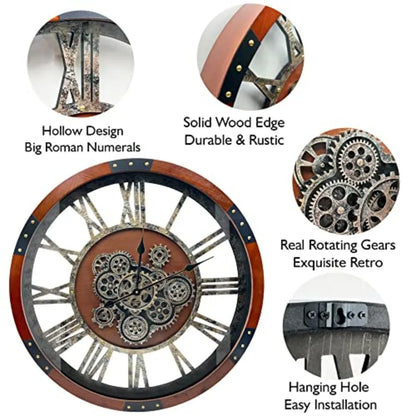 Rustic Farmhouse Industrial Wall Clock for Living Room Decor, Black Walnut Solid Wood Metal, Retro Steampunk Gears Design,  V