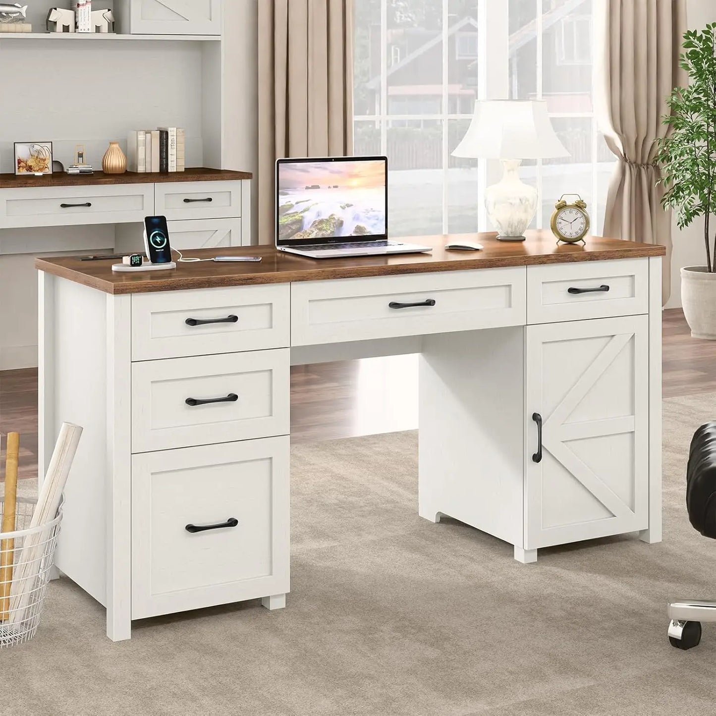 Farmhouse Home Office Desk with Drawers & Storage Cabinet