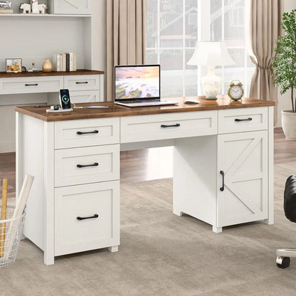 Farmhouse Home Office Desk with Drawers & Storage Cabinet