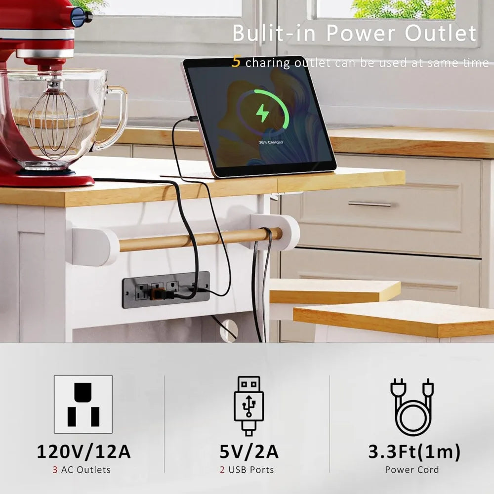 Mobile Farmhouse Kitchen Island with Dining Counter & Power Outlet