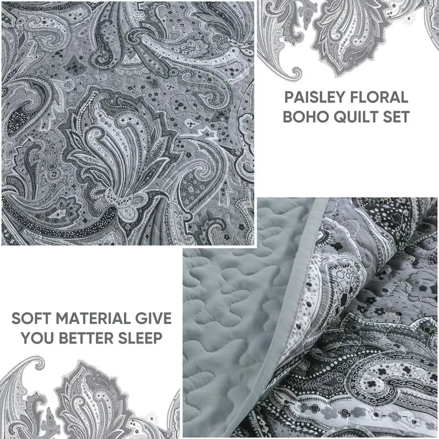 Dark Grey Paisley Quilt Bedding Set for King Size Bed