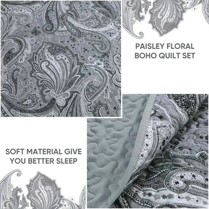 Dark Grey Paisley Quilt Bedding Set for King Size Bed