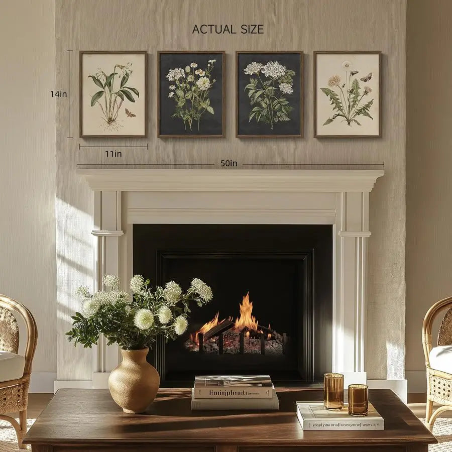 4 Piece, Framed Rustic Farmhouse Floral Canvas