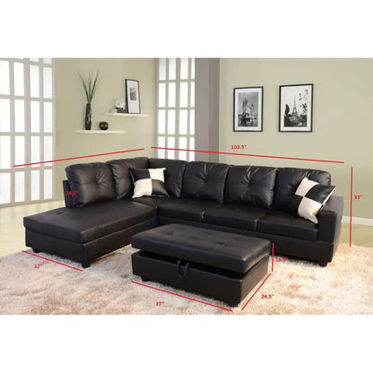 Black Leather Sectional Sofa Set with Ottoman