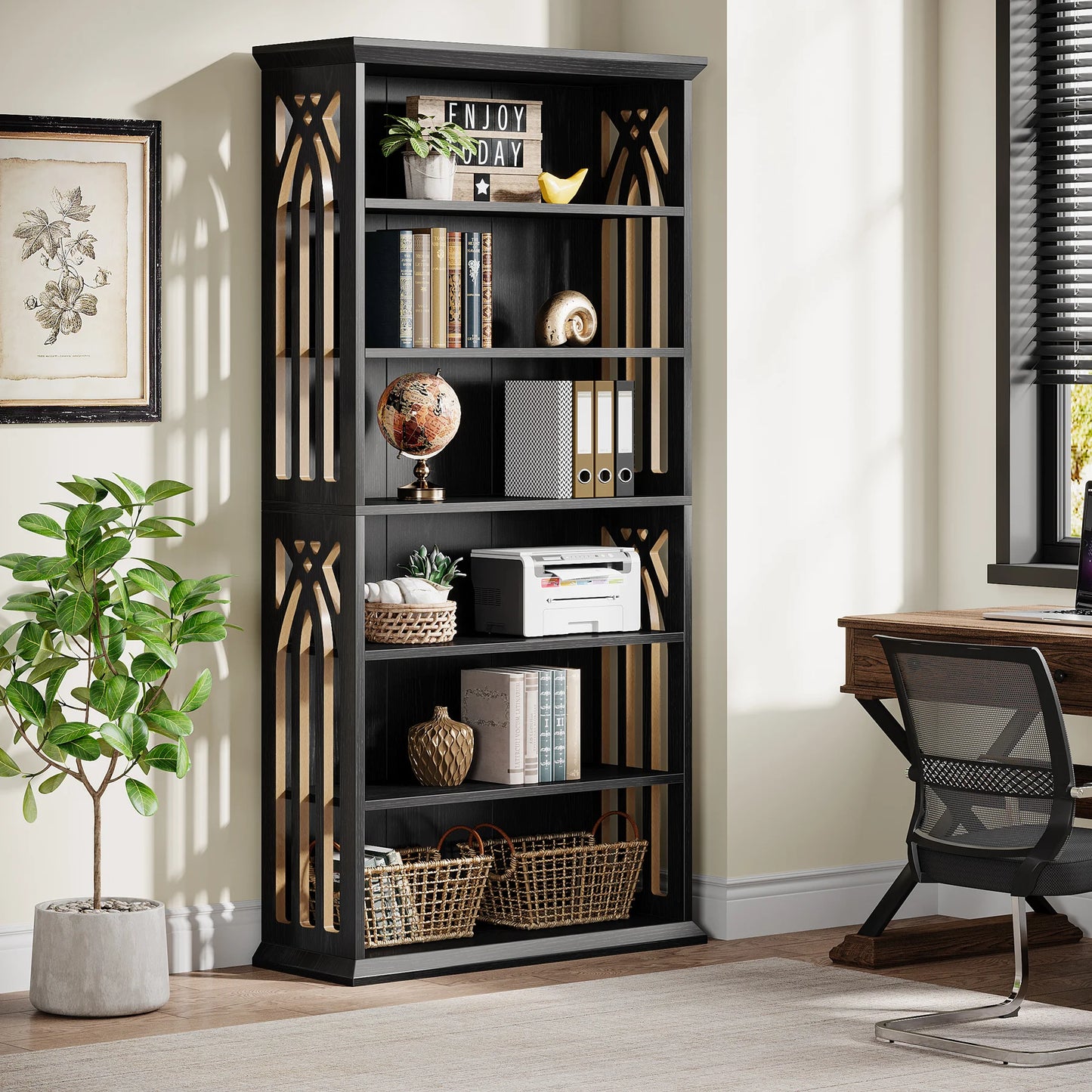 75" Tall Wooden Bookshelf with Display Shelves