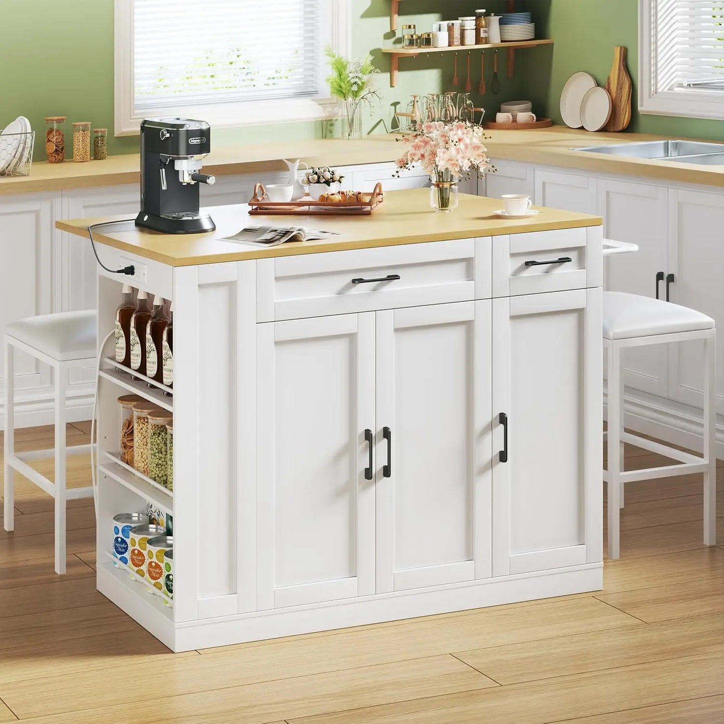 Rolling Kitchen Island with Drop Leaf & Spice Rack Shelf