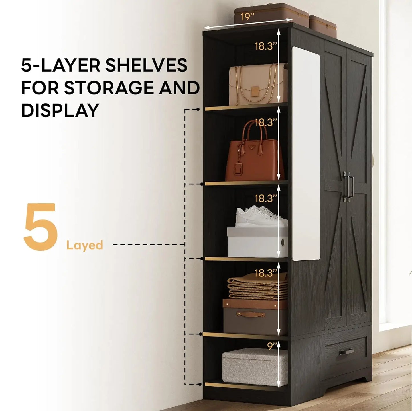 70" Tall Wardrobe Closet with Mirror for Bedroom