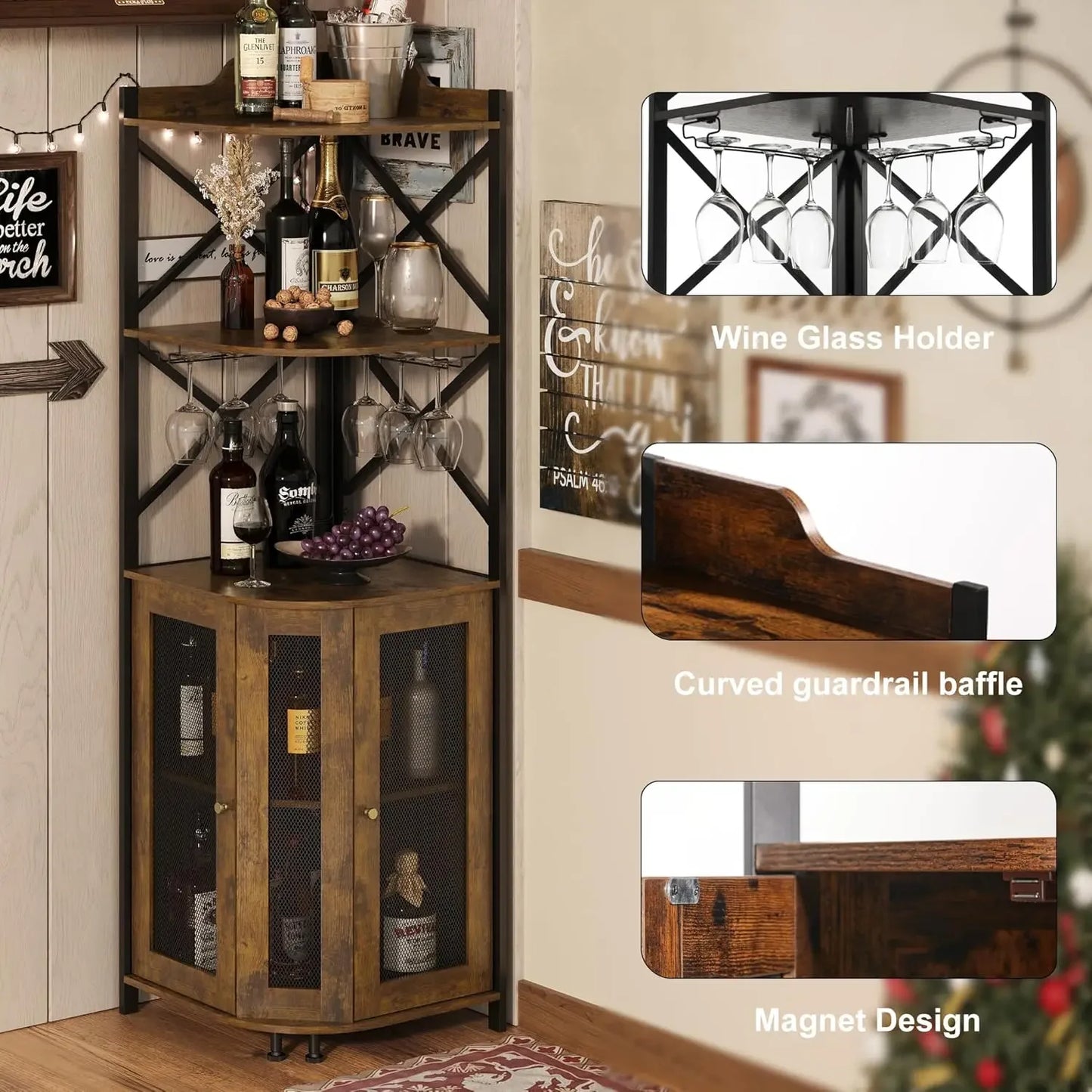 Farmhouse Corner Bar Cabinet with LED Lights & Glass Holders