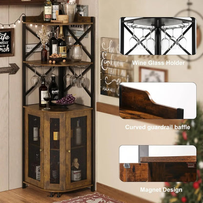 Farmhouse Corner Bar Cabinet with LED Lights & Glass Holders
