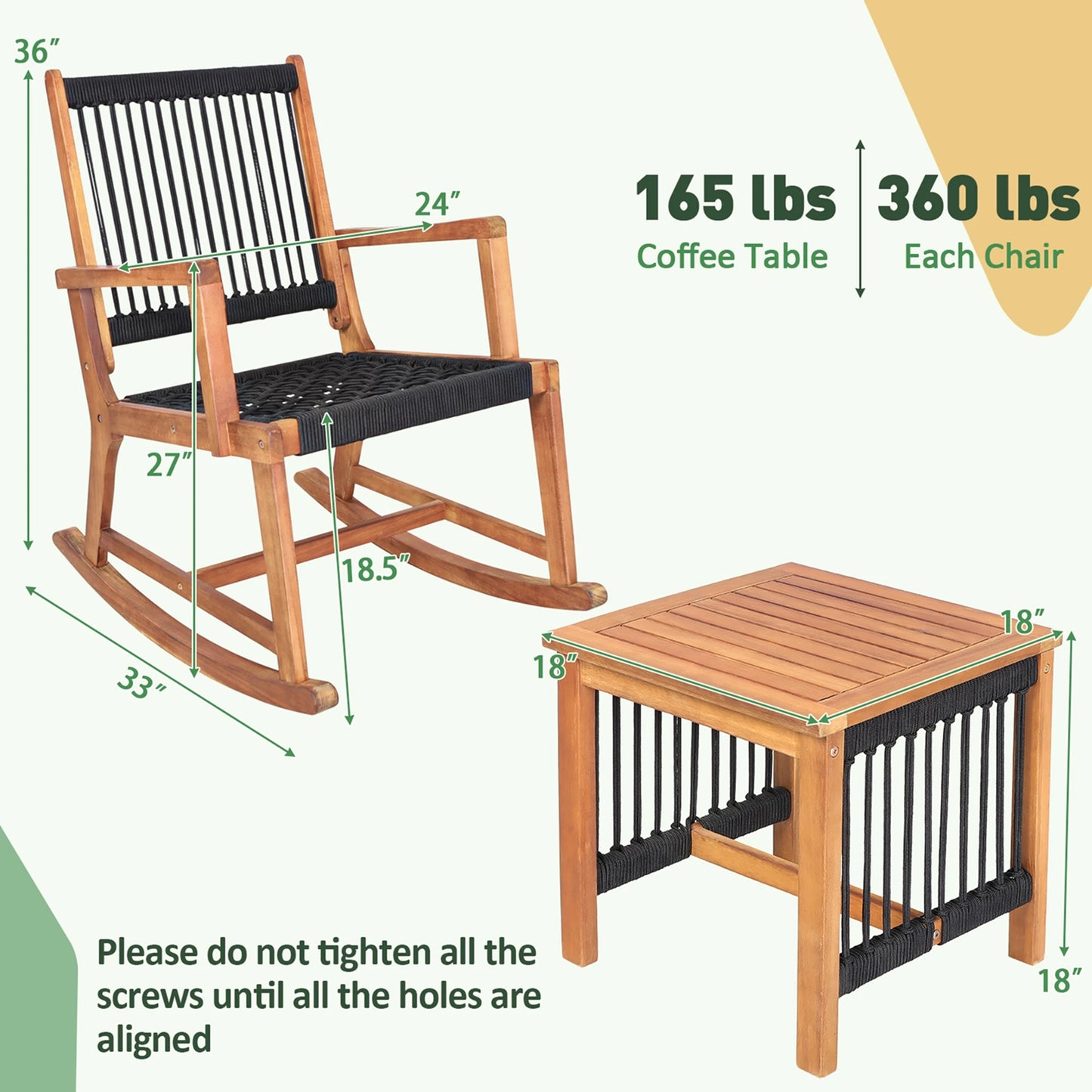 3 Piece Patio Bistro Table & Rocking Chair Set