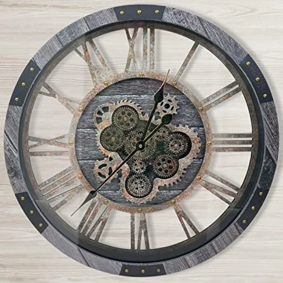 Large Farmhouse Wall Clock with Moving Gears