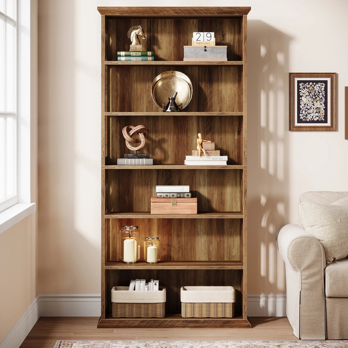 75" Tall Wooden Bookshelf with Display Shelves