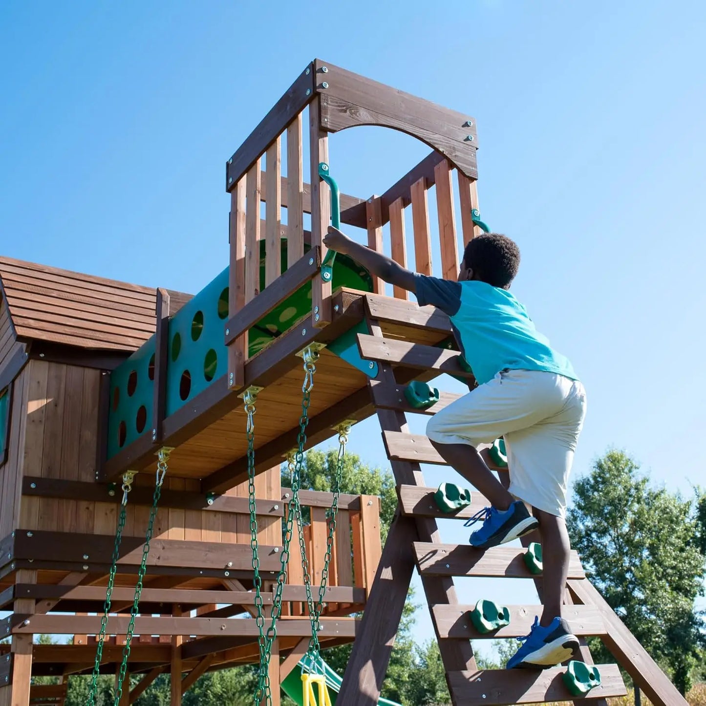 Wooden Play Fort with Swing Set, Slide & Crawl Tunnel