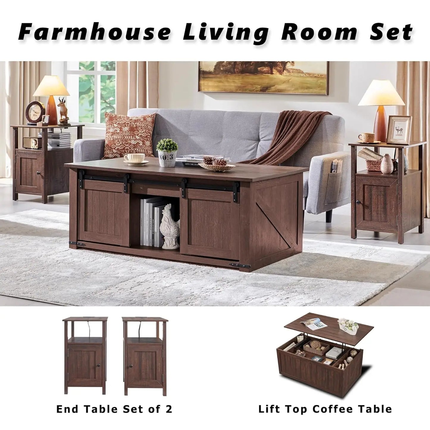 Farmhouse Nightstand Set of 2 with Charging Station