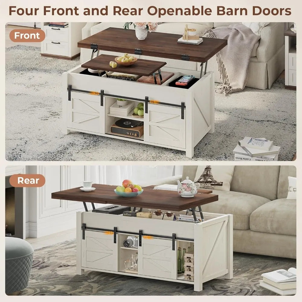 Lift Top Farmhouse Coffee Table with Adjustable Shelves
