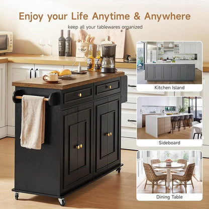 Mobile Kitchen Island with Spice Rack & Power Outlet