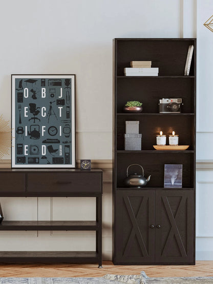 Farmhouse Bookshelf with Open Display & Storage Cabinet