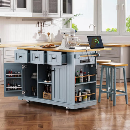 Mobile Farmhouse Kitchen Island with Dining Counter & Power Outlet