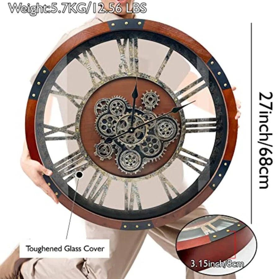 Rustic Farmhouse Industrial Wall Clock for Living Room Decor, Black Walnut Solid Wood Metal, Retro Steampunk Gears Design,  V