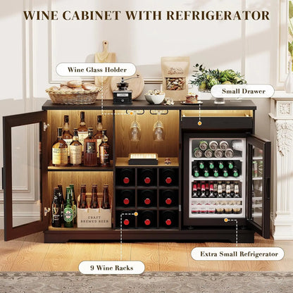 Wine & Liquor Bar Cabinet with LED Lights & Included Mini Fridge