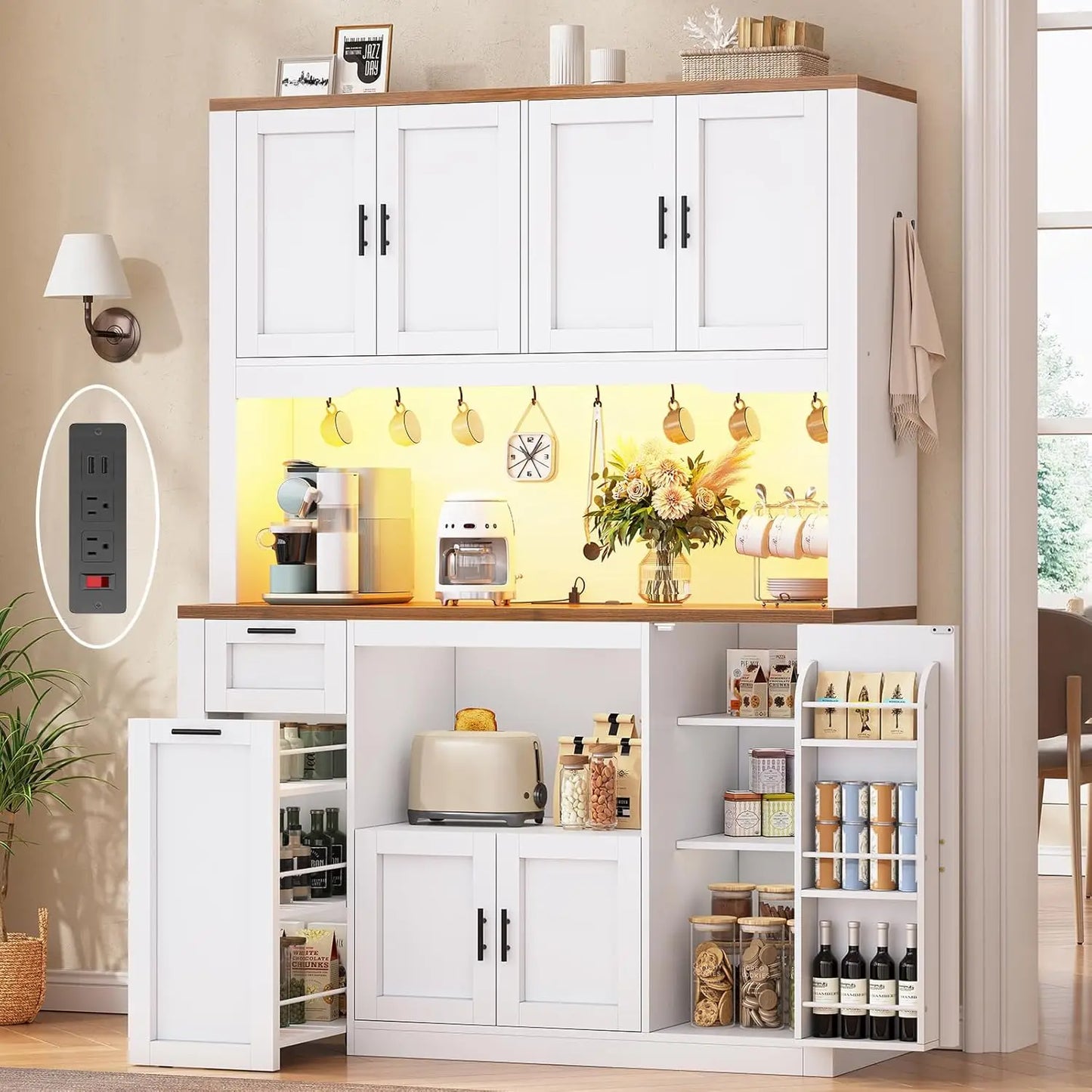 Kitchen Pantry Cabinet with Charging Station & LED Light