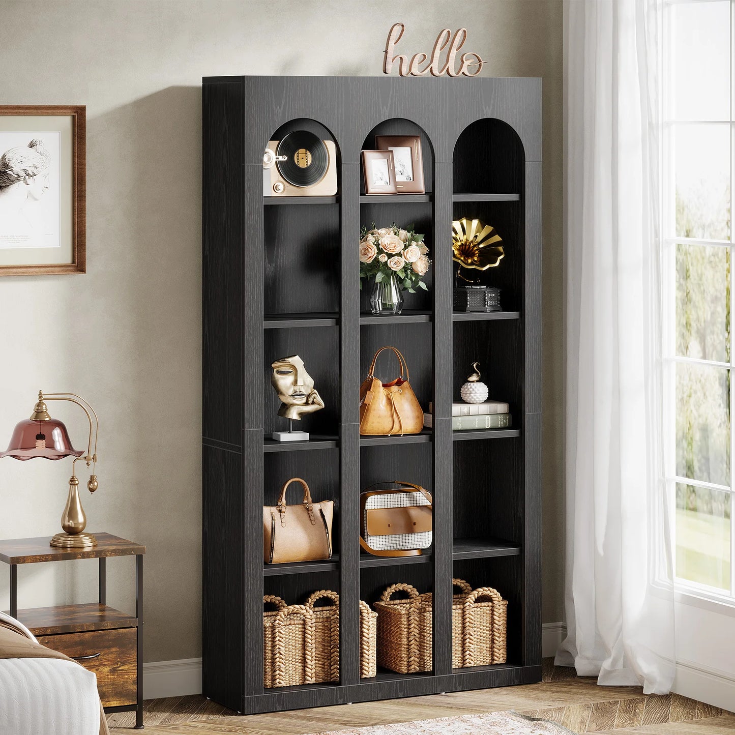 70.87" Tall, Arched Display Bookcase with Open Storage