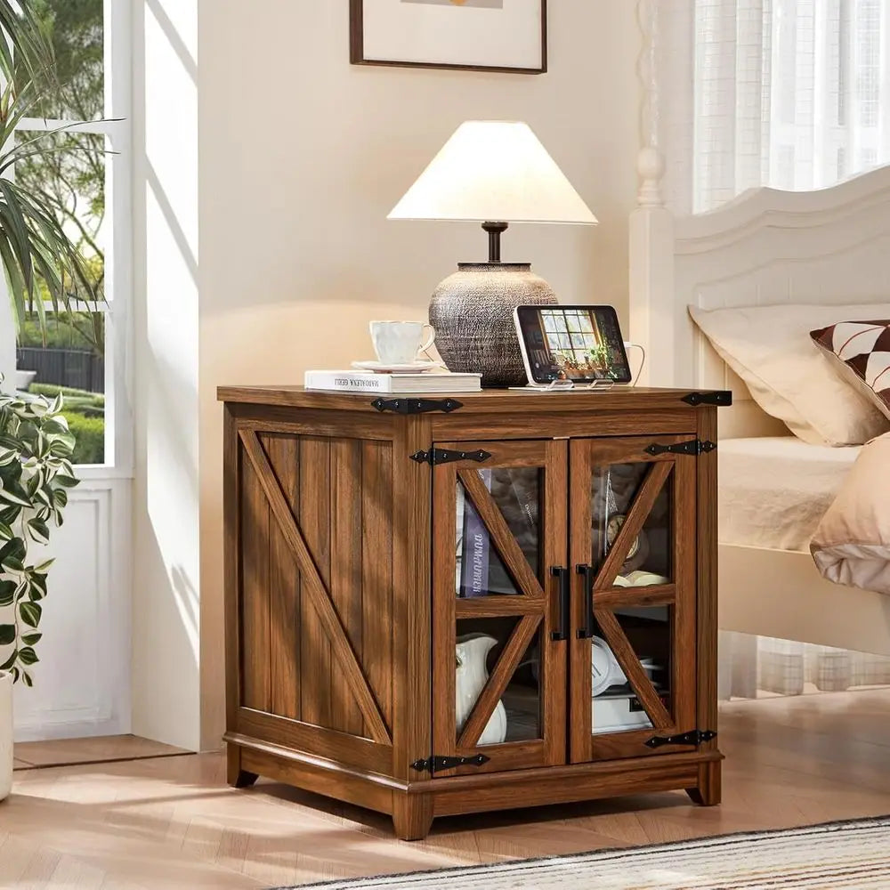 Set of 2 Farmhouse End Tables with Glass Doors