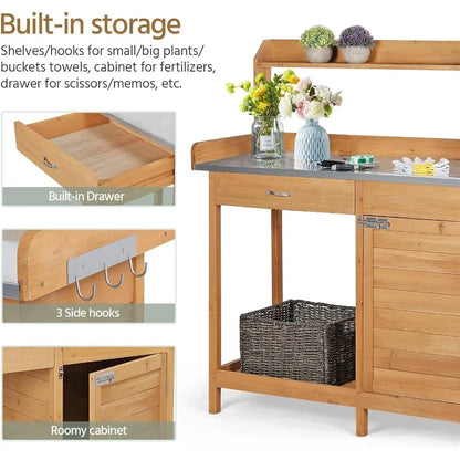 Outdoor Garden Potting Bench with Metal Tabletop