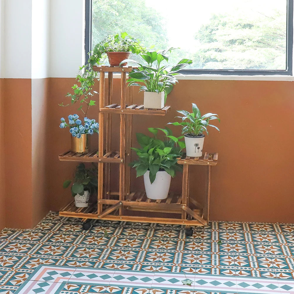 Wooden Plant Stand for Indoor, Outdoor with Wheels