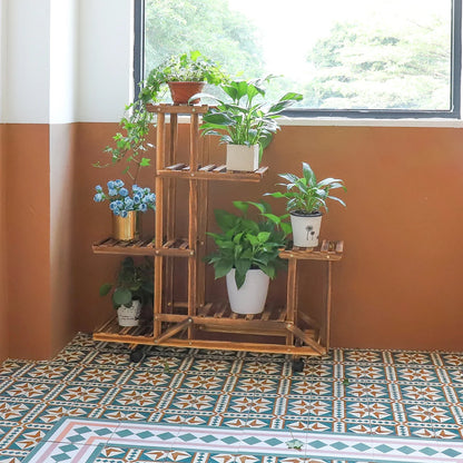 Wooden Plant Stand for Indoor, Outdoor with Wheels