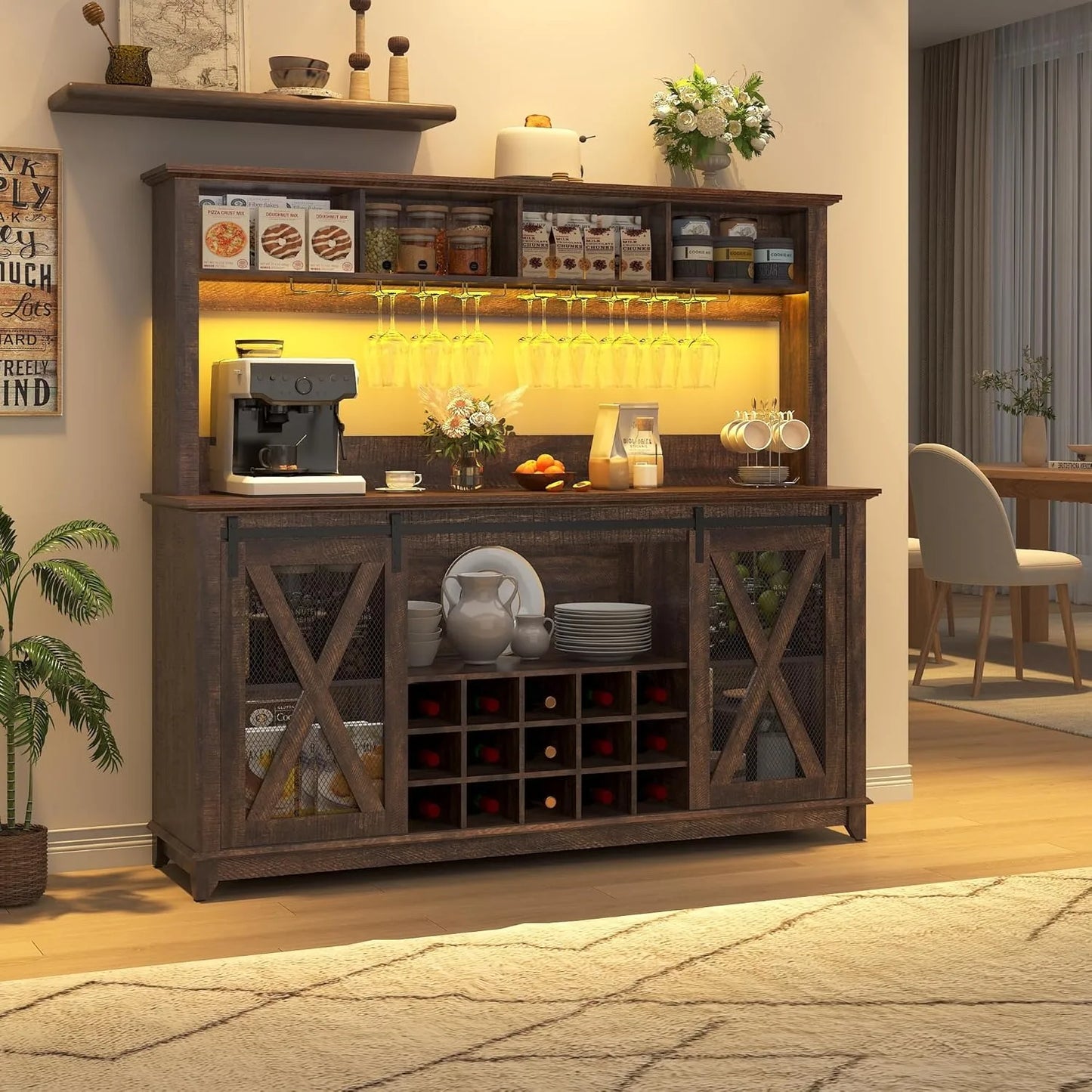 Farmhouse Coffee or Wine Buffet Cabinet with Power Outlet