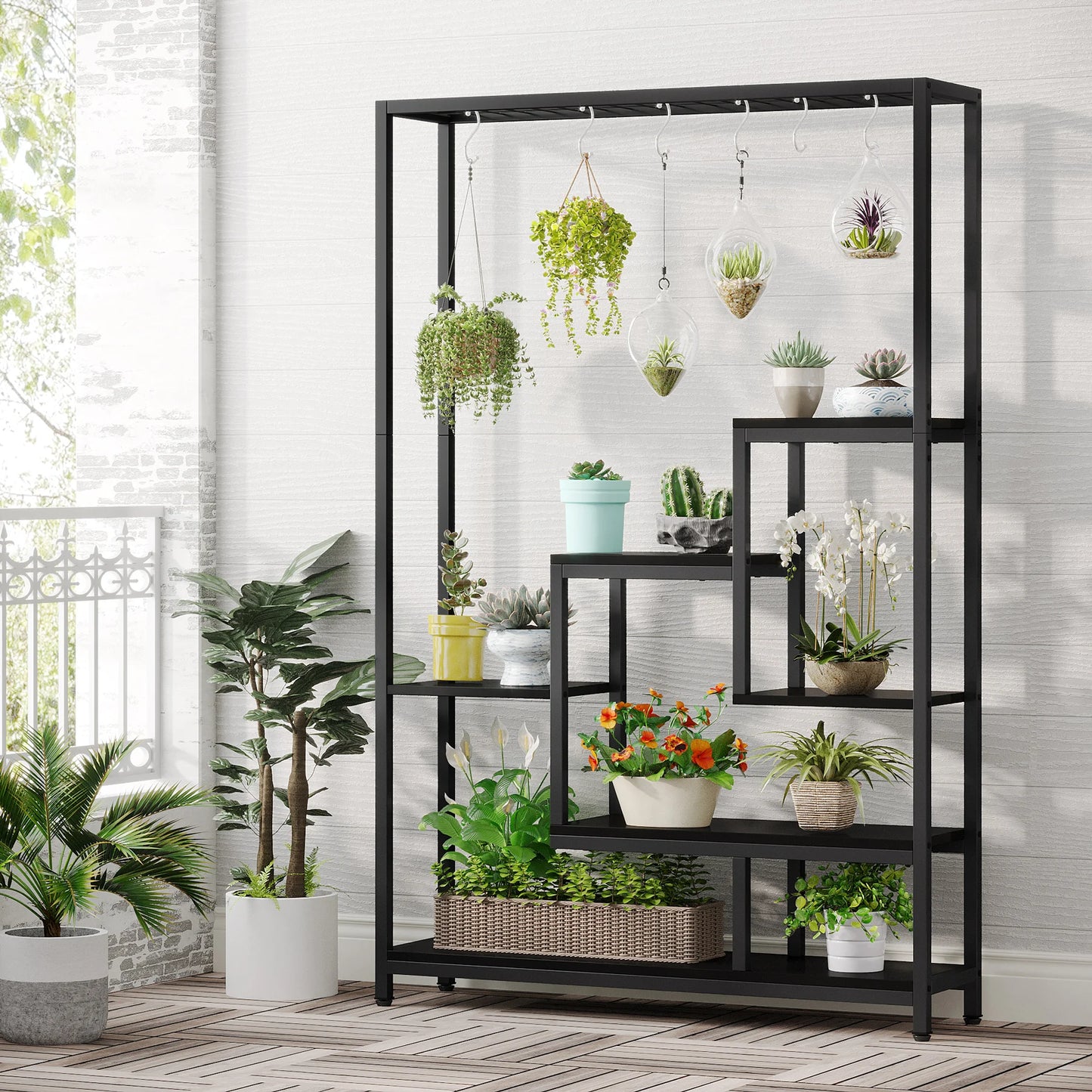 71" Tall, Indoor, Outdoor Plant Stand with Hanging Hooks