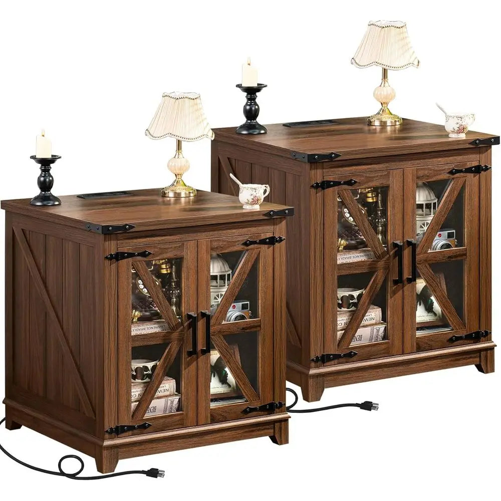 Set of 2 Farmhouse End Tables with Glass Doors