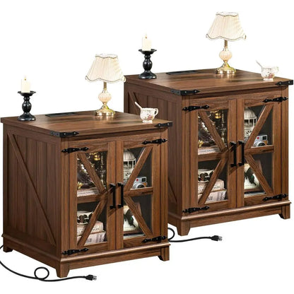 Set of 2 Farmhouse End Tables with Glass Doors