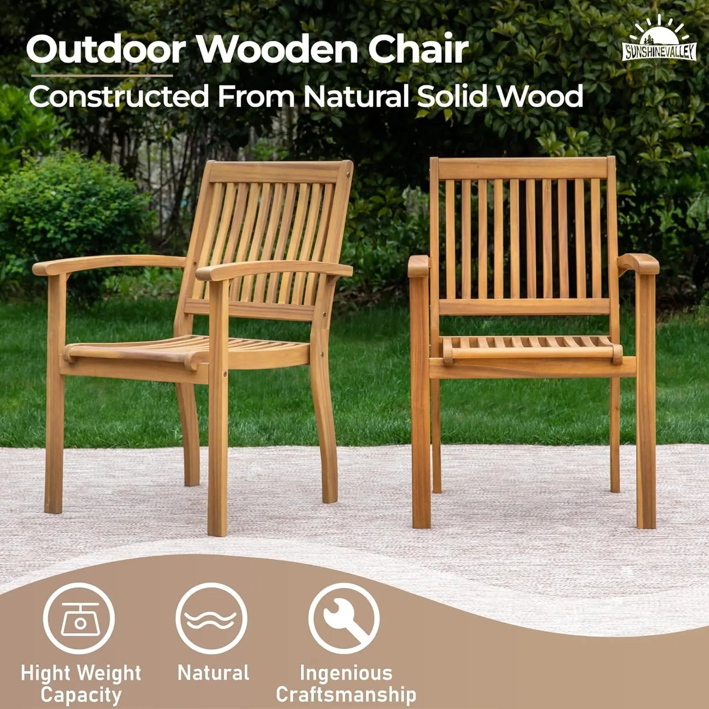 Set of 2 Outdoor Wooden Dining Chairs with Armrests