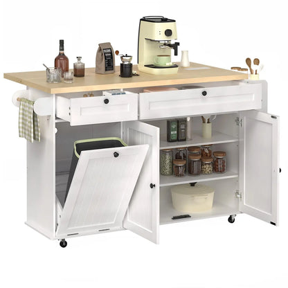 Mobile Kitchen Island with Trash Storage Cabinet & Power Outlet
