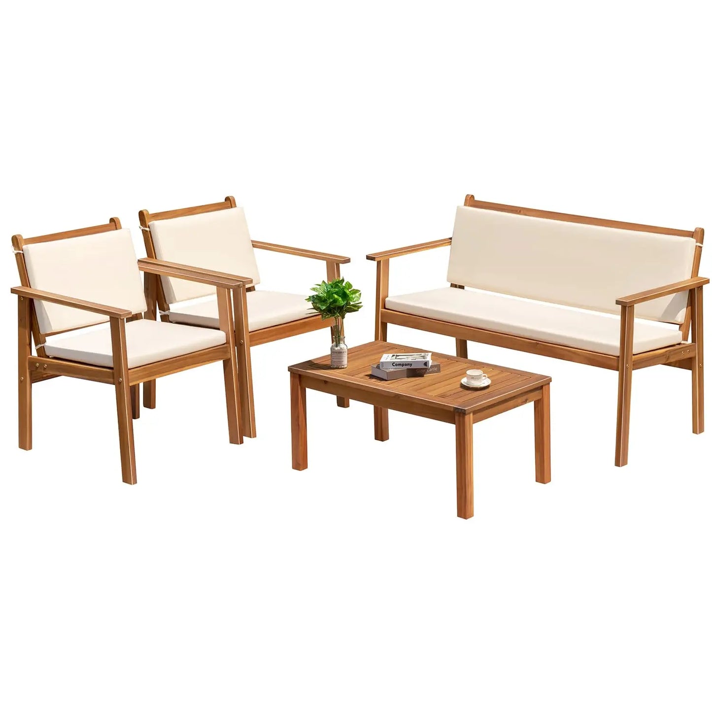 4 Piece Wood Patio Set with Loveseat & Coffee Table