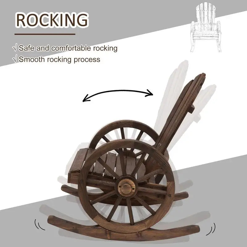 Rustic Wooden Rocking Chair with Wagon Wheel Armrests for Porch & Patio