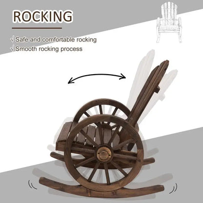 Rustic Wooden Rocking Chair with Wagon Wheel Armrests for Porch & Patio