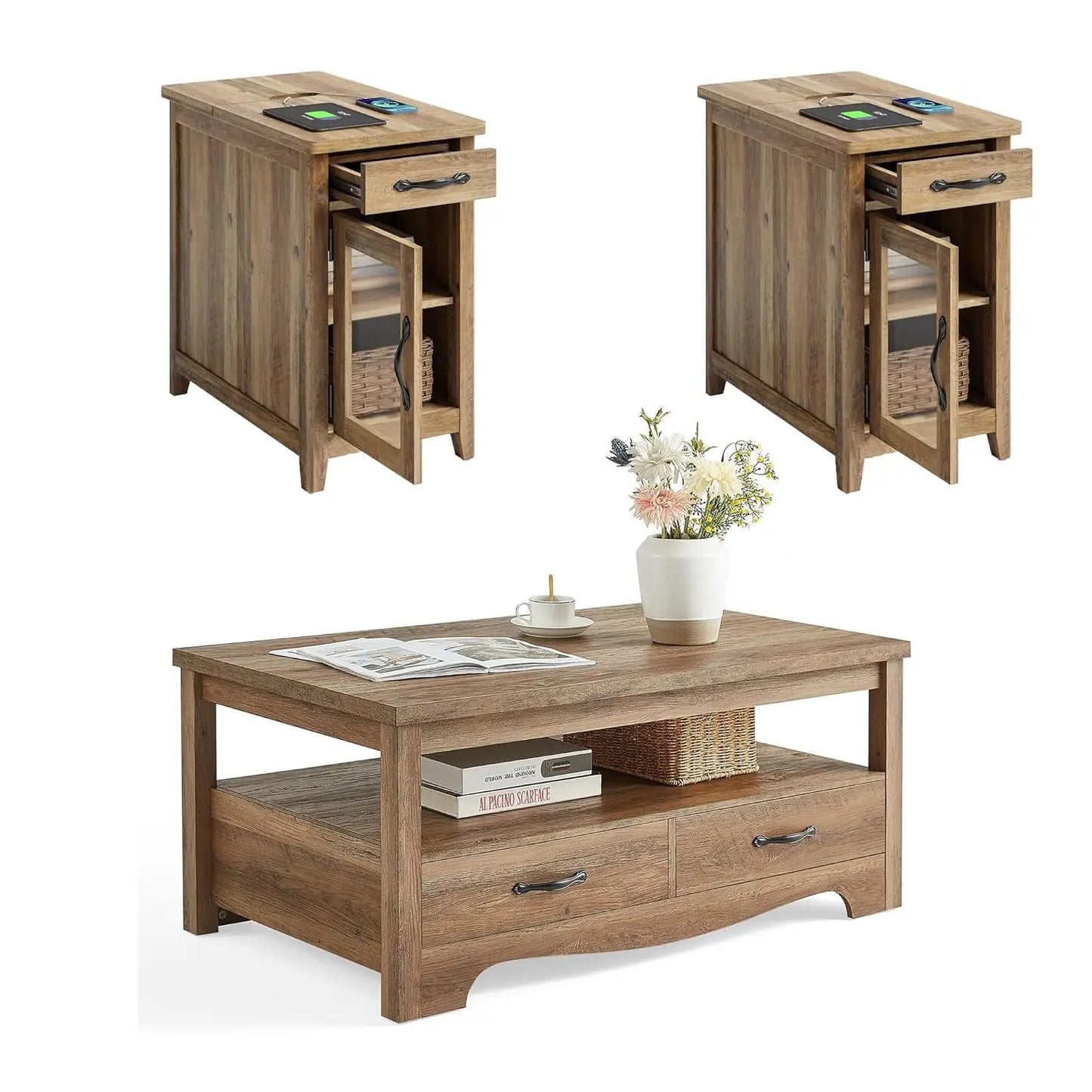 3 Piece, Farmhouse Coffee Table Set & 2 End Tables