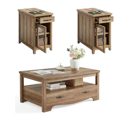 3 Piece, Farmhouse Coffee Table Set & 2 End Tables