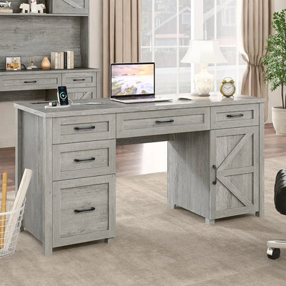 Farmhouse Home Office Desk with Drawers & Storage Cabinet