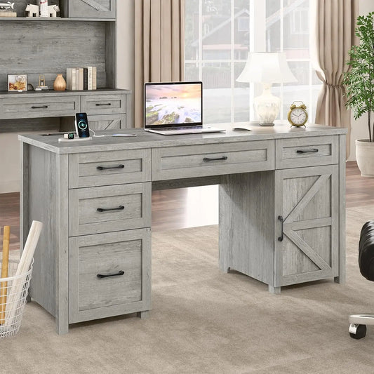 Farmhouse Home Office Desk with Drawers & Storage Cabinet