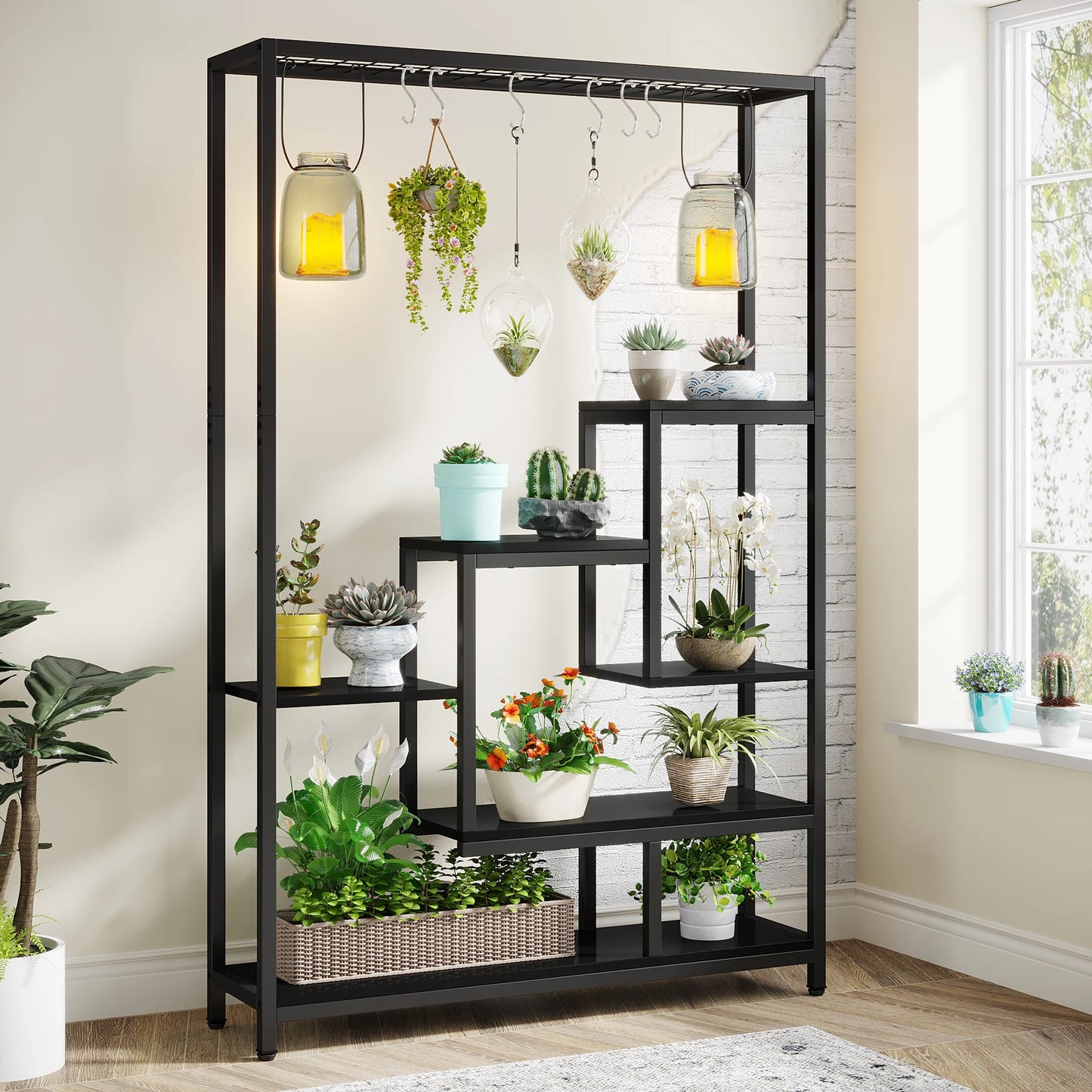 71" Tall, Indoor, Outdoor Plant Stand with Hanging Hooks