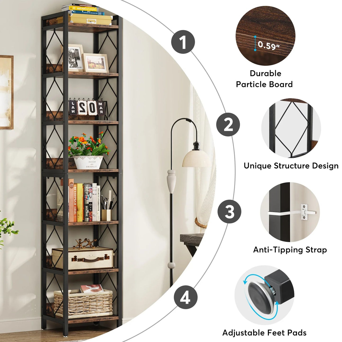 78.7" Tall Bookshelf or Storage Rack for Living Room, Bathroom or Office