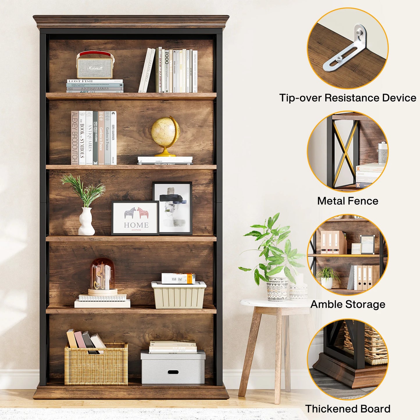 71" Tall Bookshelf with 5 Shelf Display Storage