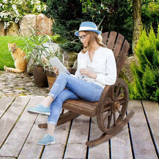 Rustic Wooden Rocking Chair with Wagon Wheel Armrests for Porch & Patio