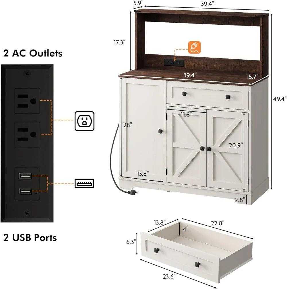 Farmhouse Coffee Bar Cabinet & Hutch with Charging Station